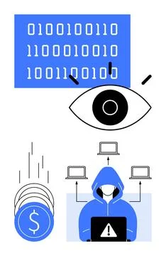 Cybersecurity Threats Hacker, Binary Code, and Financial Targets Stock Illustration