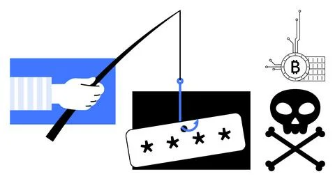 Cybersecurity Threats Phishing, Cryptocurrency Risks, and Digital Safety Stock Illustration