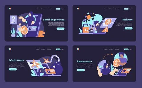 Cybersecurity Threats: Understanding Social Engineering, Malware, DDoS, and Stock Illustration
