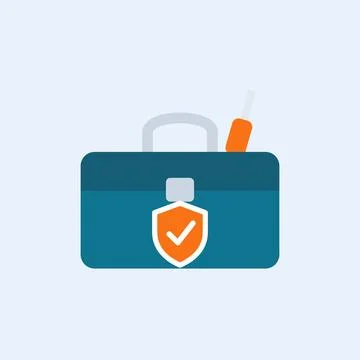 Cybersecurity toolkit flat icon with teal toolbox, screwdriver and orange shield Stock Illustration