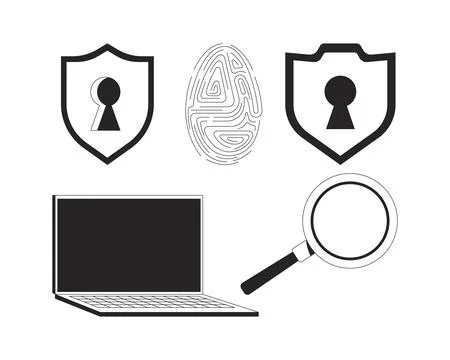 Cybersecurity tools and access control 2D line objects set 스톡 일러스트