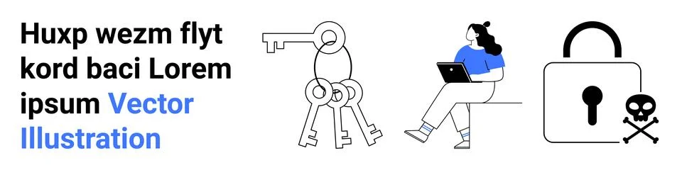 Cybersecurity Vector Art with Keys, Locked Padlock, and Person Using Laptop Stock Illustration