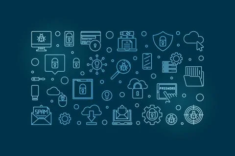 Cybersecurity vector concept blue outline horizontal banner Stock Illustration