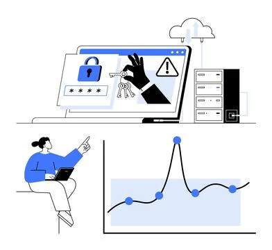Cybersecurity Visualization with Data Analytics and Protection Symbols Illustrazione stock