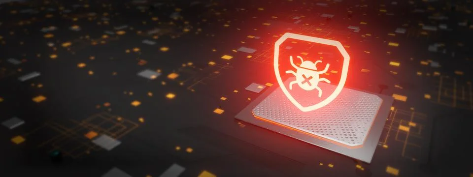 Cybersecurity vulnerability Log4J concept in circuit board motherboard proces Illustrazione stock