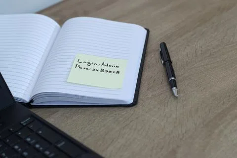 Cybersecurity vulnerability - Password written on sticky note on office desk. Stock Photos