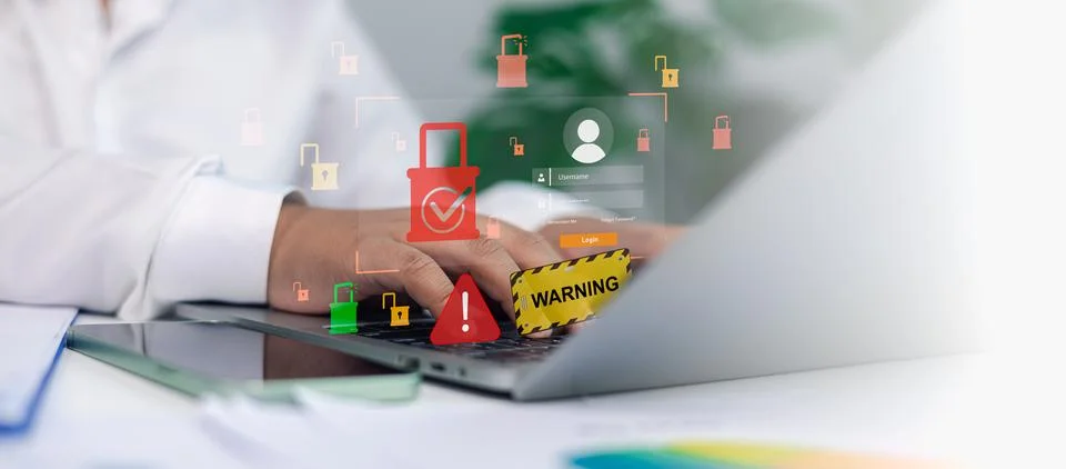 Cybersecurity Warning and Data Protection Concept with Login Security and H.. Stock Photos