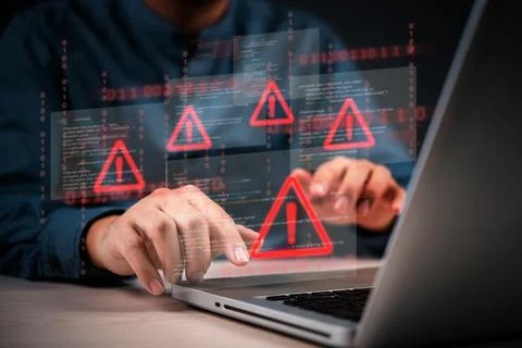 Cybersecurity warning with coding glitch and malware alert shown on digital.. Stock Photos
