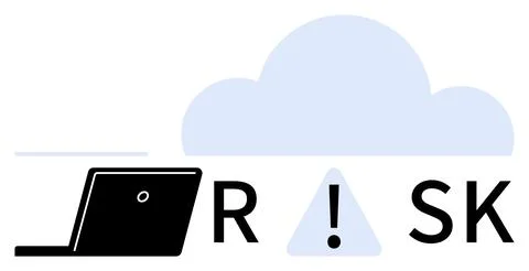 Cybersecurity warning concept with laptop, cloud server, and exclamation symbol Stock Illustration