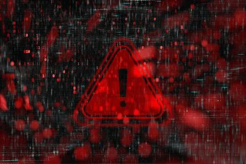 Cybersecurity warning with red warning symbol with digital glitch and binar.. Stock Illustration