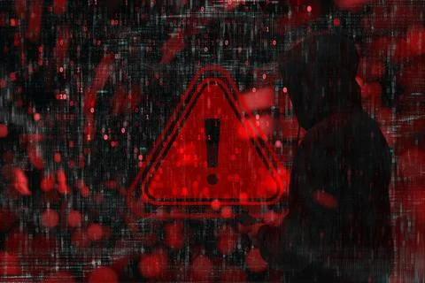 Cybersecurity warning with red warning symbol with digital glitch and binar.. Illustrazione stock