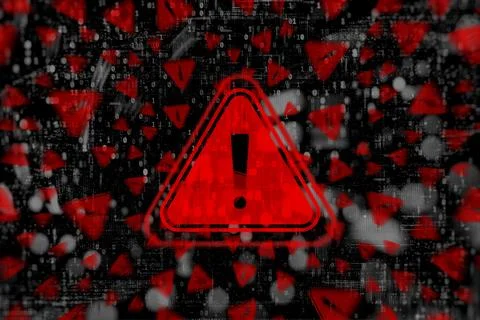 Cybersecurity warning with red warning symbol with digital glitch and binary  库存插图