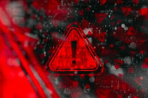 Cybersecurity warning with red warning symbol with digital glitch and binar.. Illustrazione stock