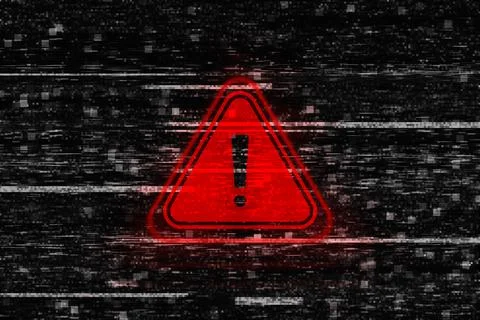 Cybersecurity warning with red warning symbol with digital glitch and binar.. 写真素材