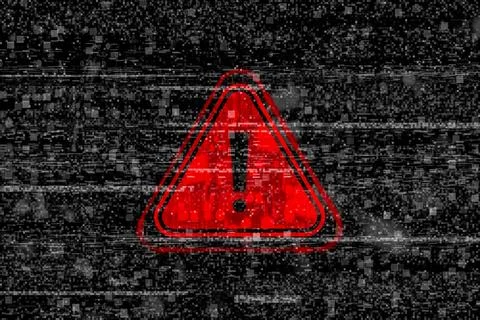 Cybersecurity warning with red warning symbol with digital glitch and binar.. Stock Photos