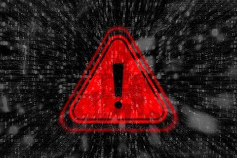 Cybersecurity warning with red warning symbol with binary code. Concept of .. Foto stock