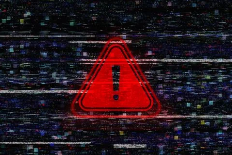 Cybersecurity warning with red warning symbol with digital glitch and binar.. 写真素材