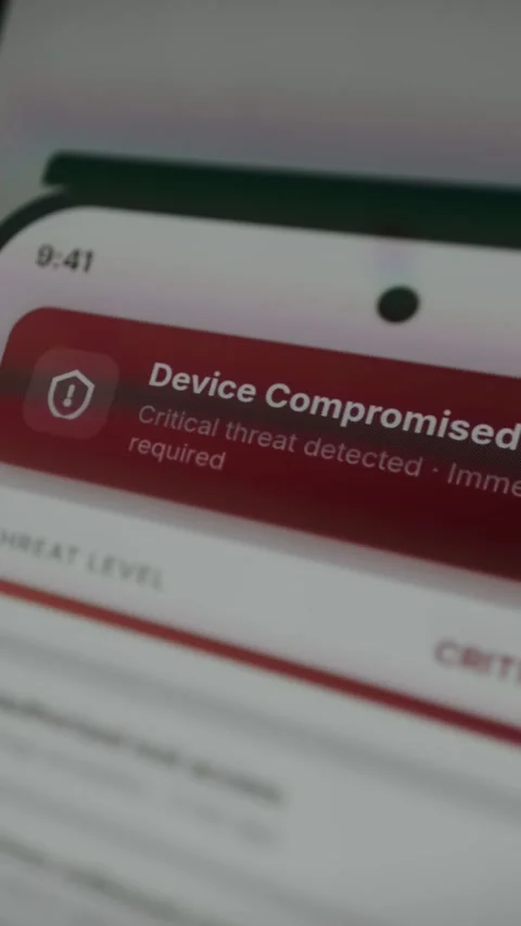 Cybersecurity warning screen: device compromised, critical threat detected Video stock 333824691
