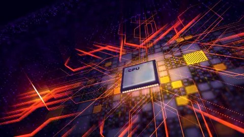 A cyberspace 3d illustration of a square CPU microprocessor with a line of wh Stock Illustration