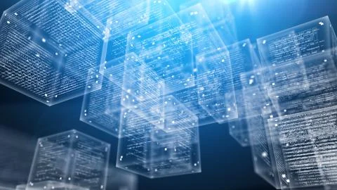 A cyberspace 3d illustration of transparent program code cubes whirling askew Stock Illustration