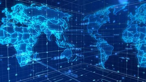 A cyberspace 3d rendering of a global mass media map with some signs and numb Stock Illustration
