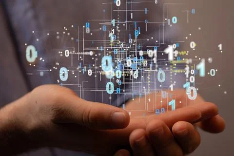 Cyberspace concept with particles, bits, and digital data network connections Foto stock