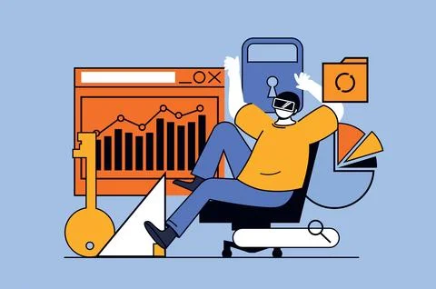Cyberspace concept with people scene in flat design for web. Man in VR headse Illustrazione stock