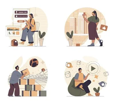 Cyberspace concept scenes set in flat web design. People in situations of in  Stockillustratie