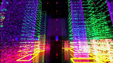 Cyberspace, data and particles, neon metaverse city. Illustration, background. Vídeo Stock 279626405
