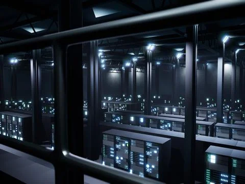 Cyberspace data center filled with server racks cabinets Stock Illustration
