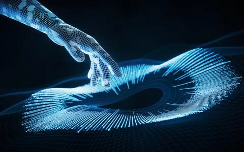 Cyberspace data lines with a virtual hand, 3d rendering. Stock Illustration