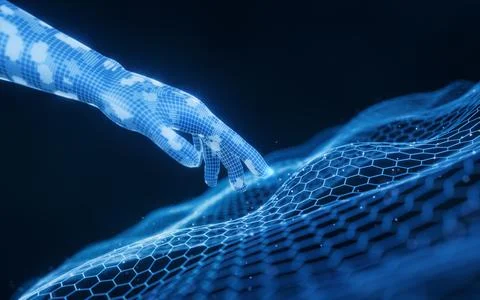 Cyberspace data lines with a virtual hand, 3d rendering. Stock Illustration