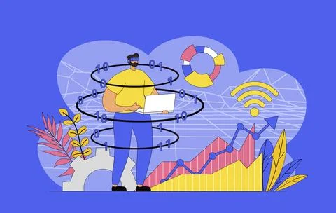 Cyberspace management concept with modern flat design for web. Man interacts  Stock Illustration
