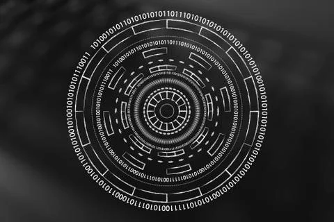 Cyberspace mechanism wih binary code and spinning circles Stockillustratie