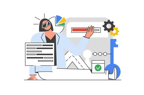 Cyberspace outline web concept with character scene. Woman in VR headset wo.. Stock Illustration