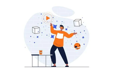 Cyberspace web concept with character scene. Man in VR glasses interacting wi Stock Illustration