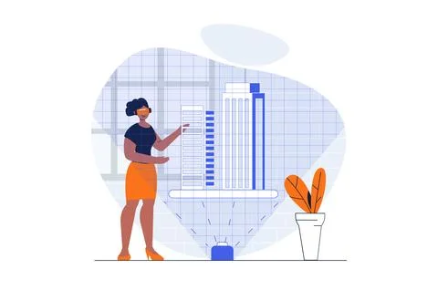 Cyberspace web concept with character scene. Woman in VR creating buildings.. Stock Illustration