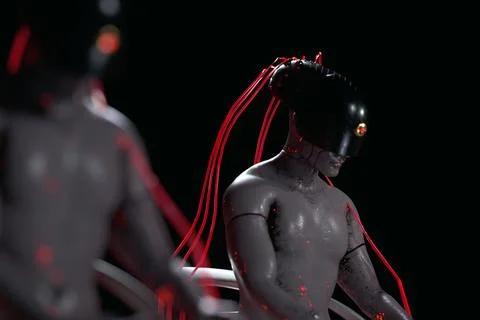 Cyborg with AI chip interfacing through glowing red neural cables. 3d render Stock Illustration