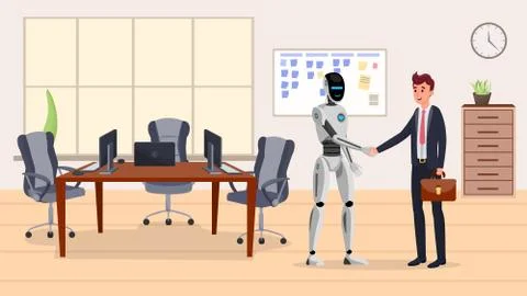 Cyborg and businessman flat vector illustration. Humanoid robot and happy Stock Illustration