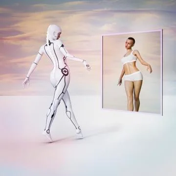 Cyborg and reflection of woman in virtual mirror 스톡 일러스트