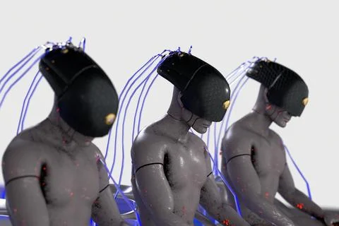 Cyborg androids with AI chips connected by neural cables. 3d render Stock Illustration
