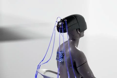 Cyborg with artificial intelligence chip and neural interface. 3d render Stock Illustration