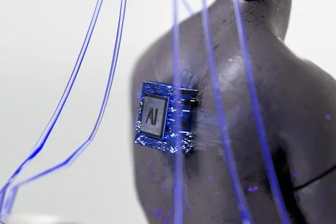 Cyborg with artificial intelligence chip and glowing neural circuitry. 3d render Stock Illustration