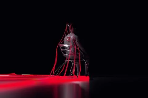 Cyborg with artificial intelligence chip connected to glowing red cables. 3d Stock Illustration