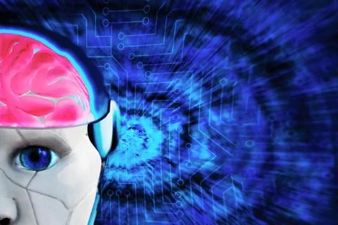 Cyborg artificial intelligence concept illustration. Closeup of robot head wi 스톡 사진