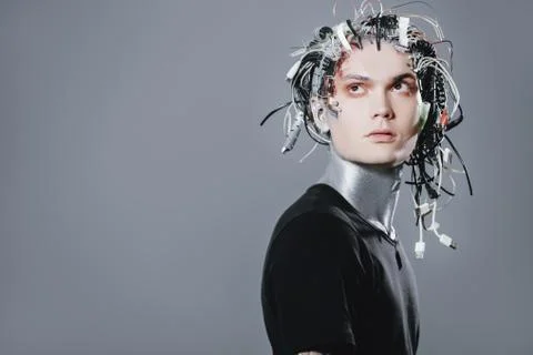 Cyborg. Biological human robot with wires implanted in the head. Technologies Stock Photos