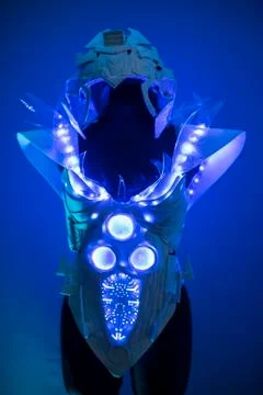 Cyborg, bionic armor with blue LED lights and plastic materials Stock Photos