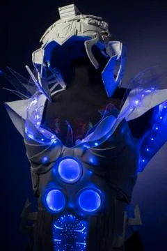 Cyborg, bionic armor with blue LED lights and plastic materials Stock Photos