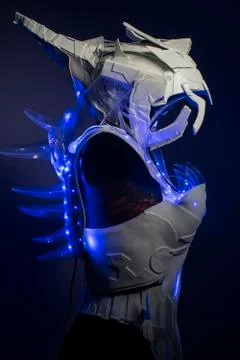 Cyborg, bionic armor with blue LED lights and plastic materials Stock Photos