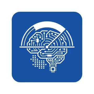 Cyborg brain scanning blue line icon with digital processor circuit board g.. Stock Illustration
